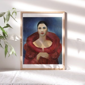 May include: A framed painting of a woman wearing a red fur collar. The woman has dark hair and is looking directly at the viewer. The background is a dark blue.