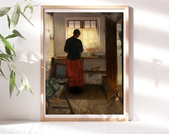 Anna Ancher, La criada en la cocina, 1886, póster de bellas artes, decoración de pared cambiante, impresión digital de pintura famosa, reproducción de arte en lienzo Clr520