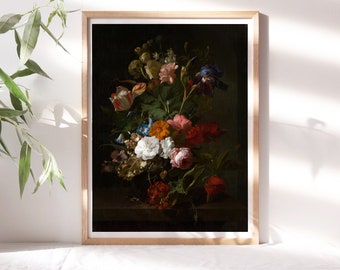 Rachel Ruysch, Vase with Flowers 1700 Romantic Dark Moody Floral Arrangement Wall Art Premium Canvas Botanical Painting Reproduction Flr-280