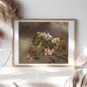 Martin Johnson Heade, Hummingbird and Apple Blossoms, 1875 Wall Décor, Romantic Canvas Wall Art Print, Wall Painting Reproduction Flr-177