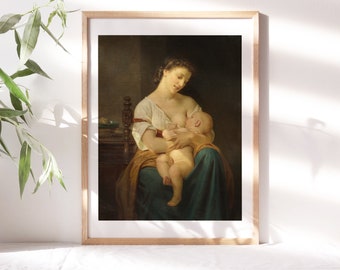 Hugues Merle, Mother And Child, 1869 Nursery Wall Décor, Mother Breastfeeding Premium Canvas Paper, Victorian Fine Art Reproduction Nur-146