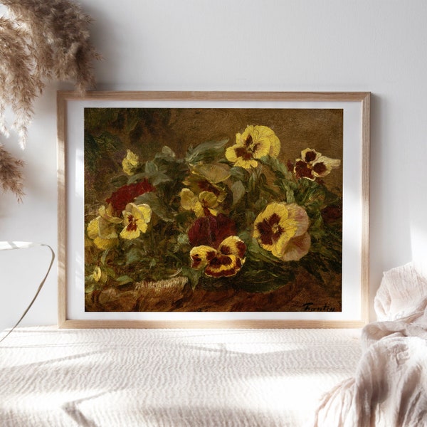 Henri Fantin-Latour, Pansies 1903 Floral Gardening Canvas Décor, Yellow Feminine Vintage Romantic Moody Painting Reproduction Flr-230