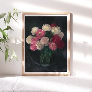 May include: A vintage painting of a bouquet of pink and white peonies in a clear glass vase. The flowers are arranged in a loose, natural style and are set against a dark background.