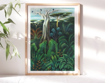 Miguel Covarrubias, Rozbuchany krajobraz dżungli 1935, plakat artystyczny Moody Wall Décor Słynny obraz Reprodukcja wydruku cyfrowego Clr462