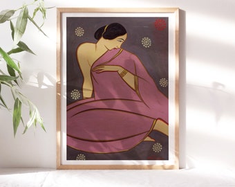 Jamini Roy, Lady in a Pink Sari 1920 Fine Art Poster Moody Wall Décor, Famous Painting, Digital Print, Canvas Poster Art Reproduction Clr183