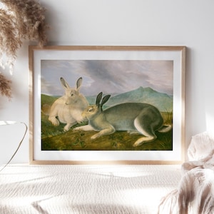 May include: A painting of two rabbits in a field. One rabbit is white and the other is gray. The white rabbit is sitting up and looking to the right. The gray rabbit is lying down and looking to the left. The background is a field with a mountain in the distance.
