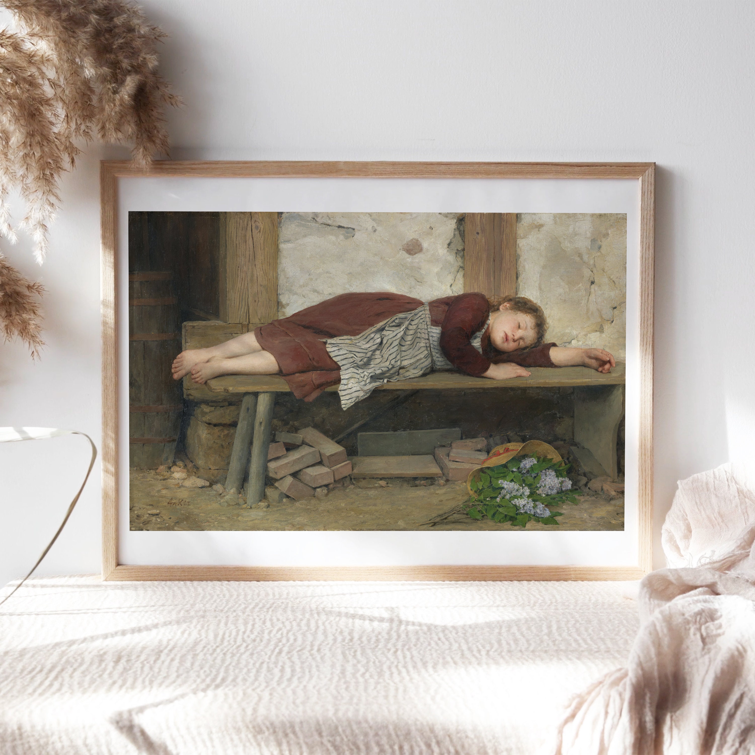 Albert Anker, Sleeping Girl on a Wooden Bench. 1885 Nursery Wall Décor, Canvas Paper, Kid Art,  Fine Art Paintings Reproductions Nur-192