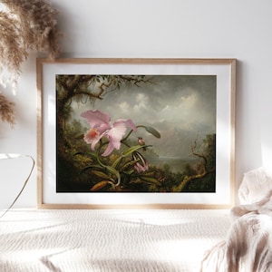 Martin Johnson Heade, Orchid and Hummingbird 1885, Wall Décor Premium Paper, Birds on Branch Portrait Art Painting Reproduction Pet-222