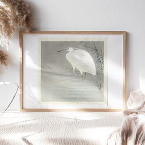 Ohara Koson, Little Egret, 1912, Wall Décor Premium Canvas Paper, Asian Theme White Bird Portrait Painting Reproduction Pet-290