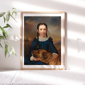 May include: A painting of a young girl in a blue dress with a white collar and a brown dog. The girl has her hair in braids and is holding the dog's head with her left hand. The painting has a soft, muted color palette and a realistic style.