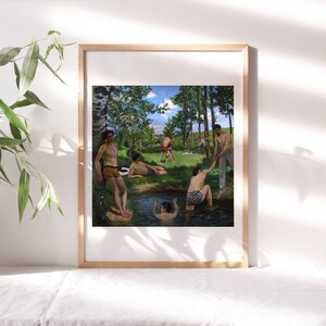 May include: A painting of a group of men swimming and playing in a river. The men are wearing swimsuits and are surrounded by trees. The painting is done in a realistic style and has a warm, inviting feel.