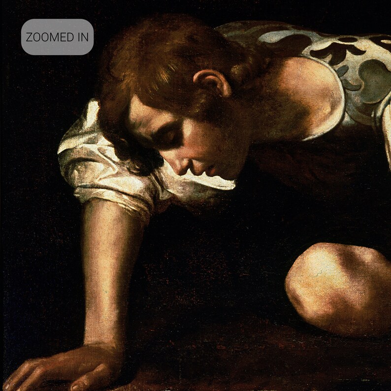May include: A painting of a young person with brown hair, wearing a white shirt and a patterned garment, looking down with their head resting on their hand.