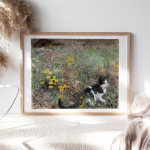 Bruno Liljefors, Cat on a Flowery Meadow, 1887, Wall Décor, Artwork Premium Canvas Paper, Cat Portrait Fine Painting Reproduction Pet-169