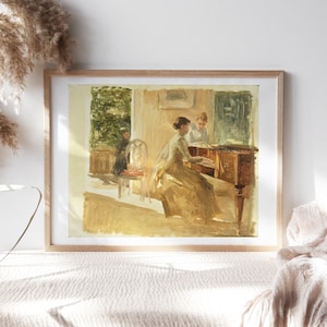 Albert Edelfelt In the Drawing Room at Haiko 1888 Wall Décor Premium Canvas Paper, Portrait of Woman at Piano Painting Reproduction Fem-110