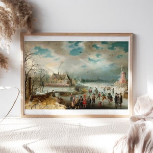 May include: A vintage oil painting depicting a winter scene with people ice skating on a frozen canal. The painting features a windmill, a bridge, and a village in the background. The sky is cloudy and the trees are bare.