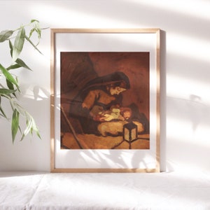 May include: A painting of a woman holding a child in her arms. The woman is wearing a dark robe and the child is wearing a white garment. The painting is set in a dark room with a lantern in the foreground.