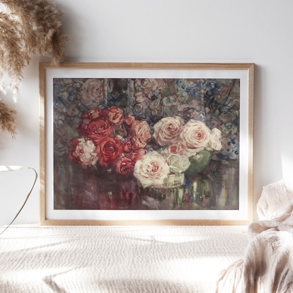 Margaret Stoddart, Roses, 1930 Watercolor Pink Roses Floral Arrangement Premium Wall Art Canvas Botanical Painting Reproduction Flr-284