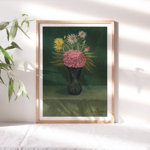 Henri Rousseau, Dahlia and Daisies in a Vase, 1904 Kitchen Wall Art, Premium Canvas Artwork, Botanical Wall Painting Reproductions Flr-327