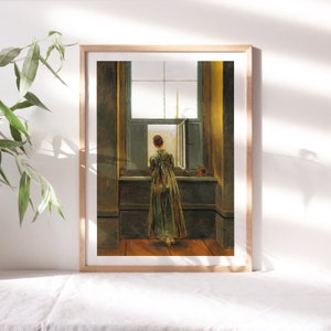 Caspar David Friedrich, Woman at a Window, 1822 Wall Décor Premium Canvas Paper, Woman with Brown Hair Painting Reproduction Fem-120