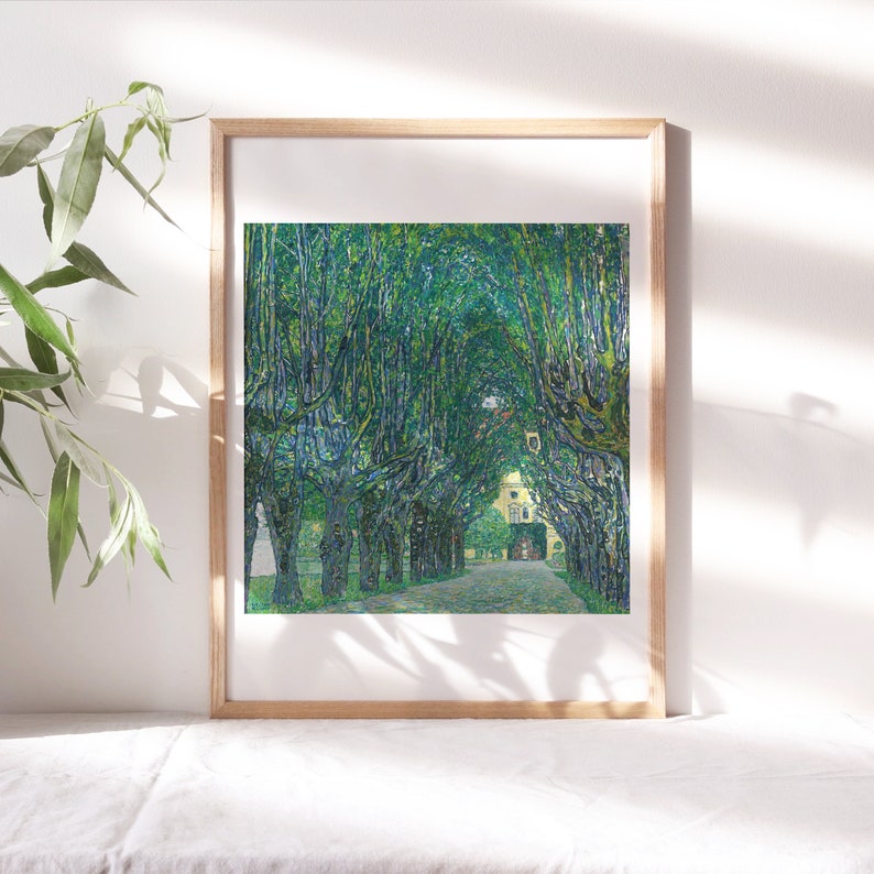May include: A painting of a tree-lined path leading to a building. The trees are painted in a pointillist style, with small dots of green, blue, and yellow paint. The path is paved with stones and leads to a building with a yellow facade and a red roof.