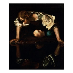 May include: A young man in a white and yellow shirt and blue pants leans over to look at his reflection in a pool of water.