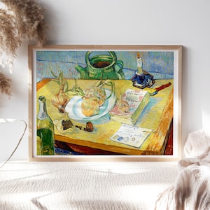 May include: A still life painting by Vincent van Gogh featuring a green teapot, a plate of onions, a bottle of wine, a pipe, a candle, and a book on a wooden table. The painting is in a yellow, blue, and green color scheme.