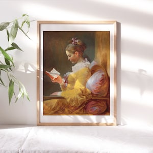 Jean-Honoré Fragonard, Giovane ragazza che legge, 1769 Decorazione murale Carta su tela Premium, Ragazza vittoriana Abito giallo Riproduzione della pittura Fem-115