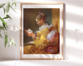 Jean-Honoré Fragonard, Young Girl Reading, 1769 Wall Décor Premium Canvas Paper, Victorian Girl Yellow Dress Painting Reproduction Fem-115