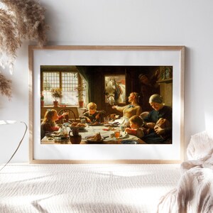 May include: A painting depicting a family gathered around a table for a meal. A white horse is peeking in from the doorway. The family is dressed in period clothing and the scene is set in a cozy, well-lit room.