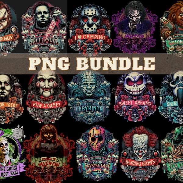 15 Halloween Horror Characters PNG Bundle, scary Movies Characters, Spooky Season Sublimation Digital Printing Digital File