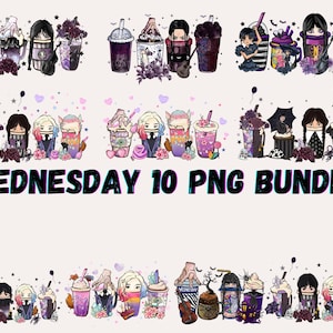 10 Wednesday Halloween Coffee Cups PNG Bundle, Bad Girls Club Latte Spooky Season Sublimation Digital Printing Digital File