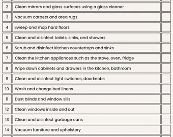 May include: A beige cleaning checklist with a decorative header that reads "Cleaning Checklist." The checklist includes 20 cleaning tasks, such as dusting, vacuuming, and cleaning windows. A small house icon is in the upper right corner.