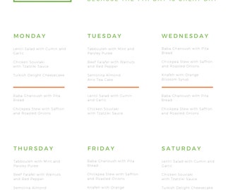 May include: A weekly meal plan for a 1,500 calorie diet. The plan includes a variety of dishes, including lentil salad, chicken souvlaki, tabbouleh, beef falafel, chickpea stew, baba ghanoush, knafeh, and Turkish delight cheesecake. The plan is titled "The Good Meal" and states that the 7th day is a cheat day.