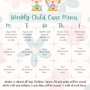 Weekly Menu PDF Printable, daycare menu, childcare menu