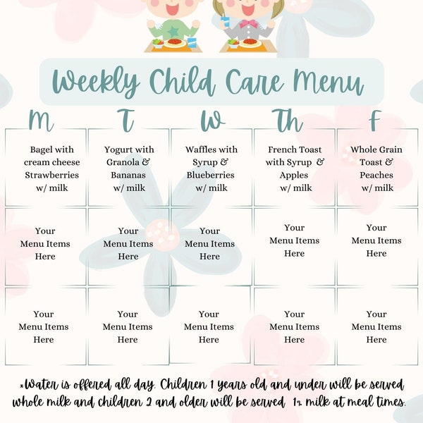 Weekly Menu PDF Printable, daycare menu, childcare menu