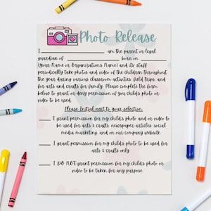 Daycare Photo Release Form Instant Digital Download for Daycare Homes and Childcare Centers
