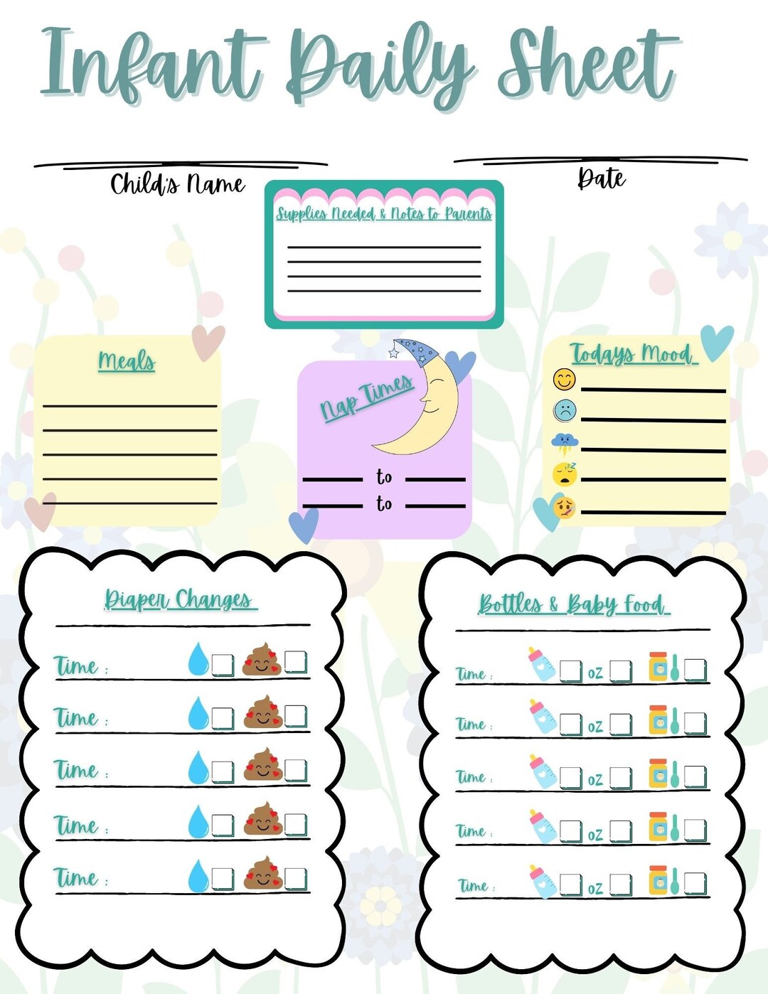 Infant daily sheet editable instant digital download for daycare homes