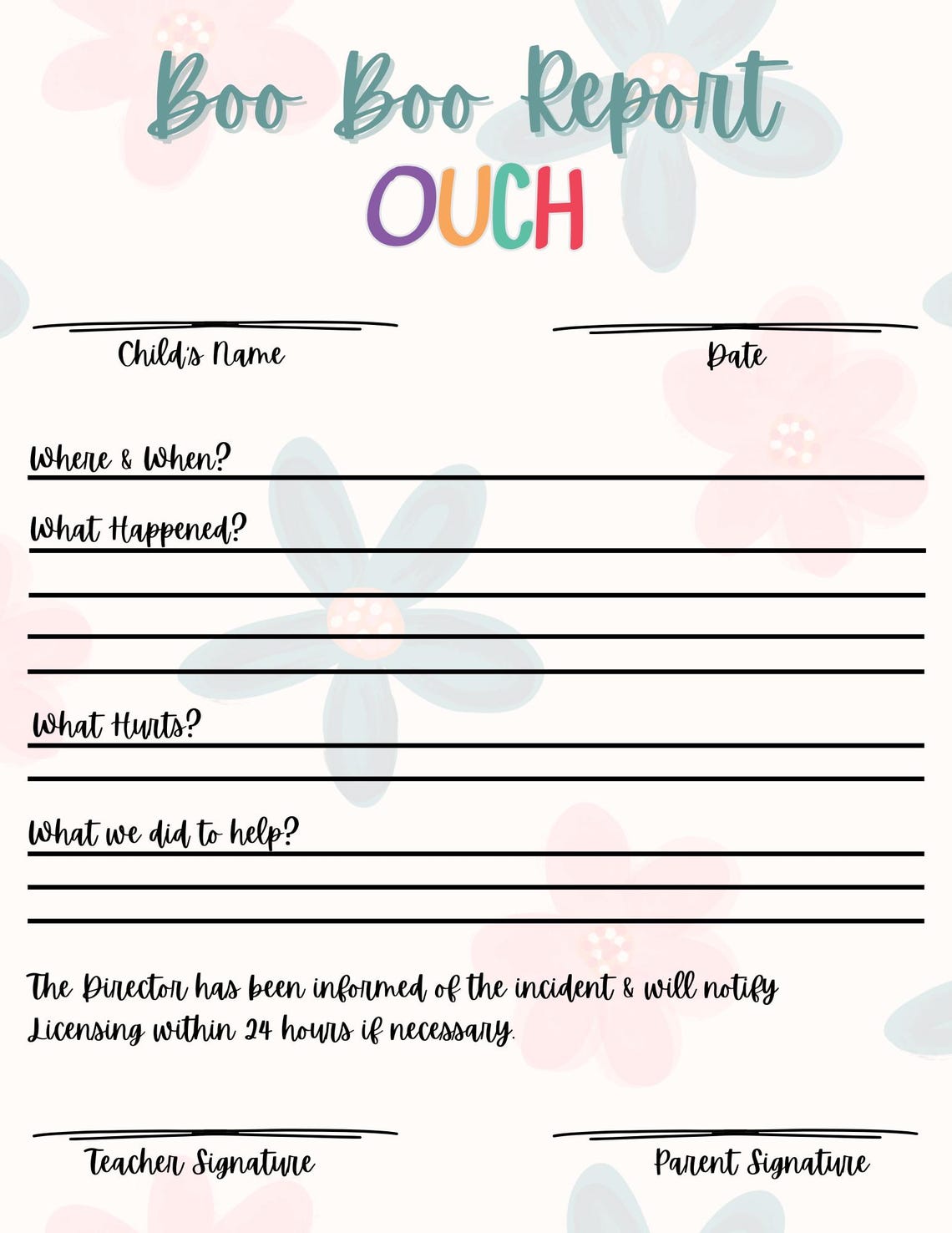 Daycare Boo Boo Form, Childcare Incident Report (digital Download) - Etsy