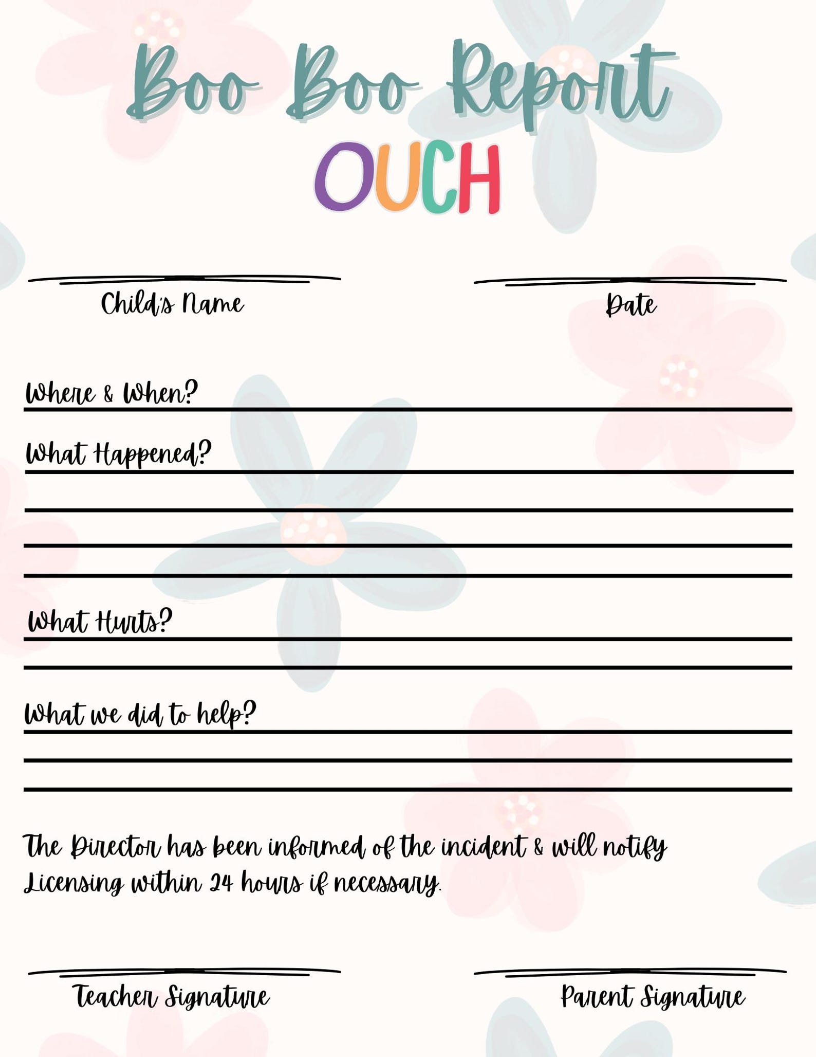 Daycare Boo Boo Form, Childcare Incident Report (digital Download) - Etsy