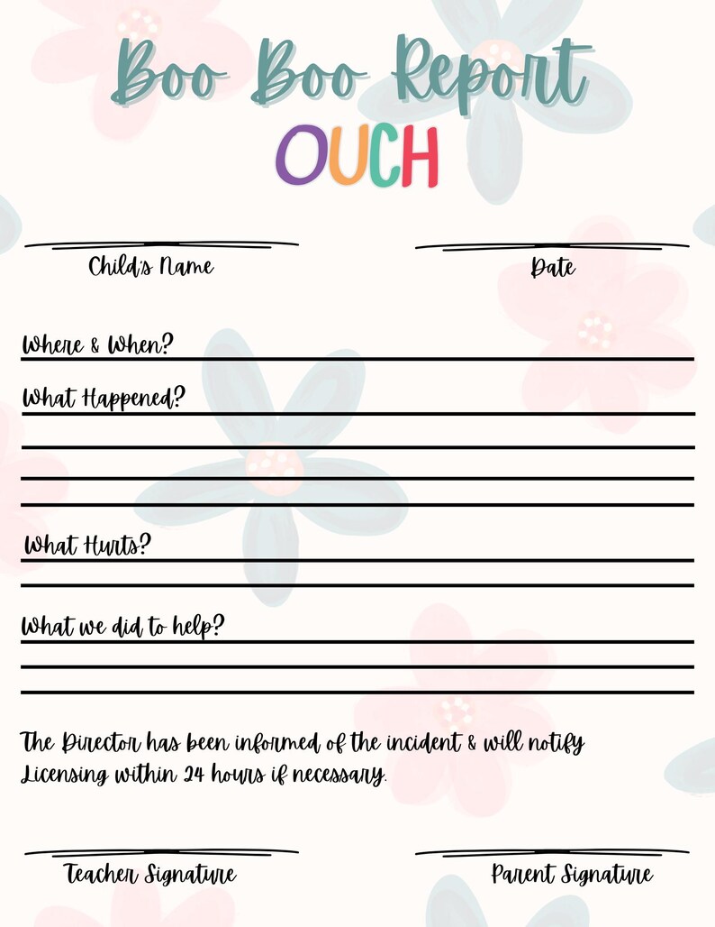 Daycare Boo Boo Form, Childcare Incident Report (digital Download) - Etsy