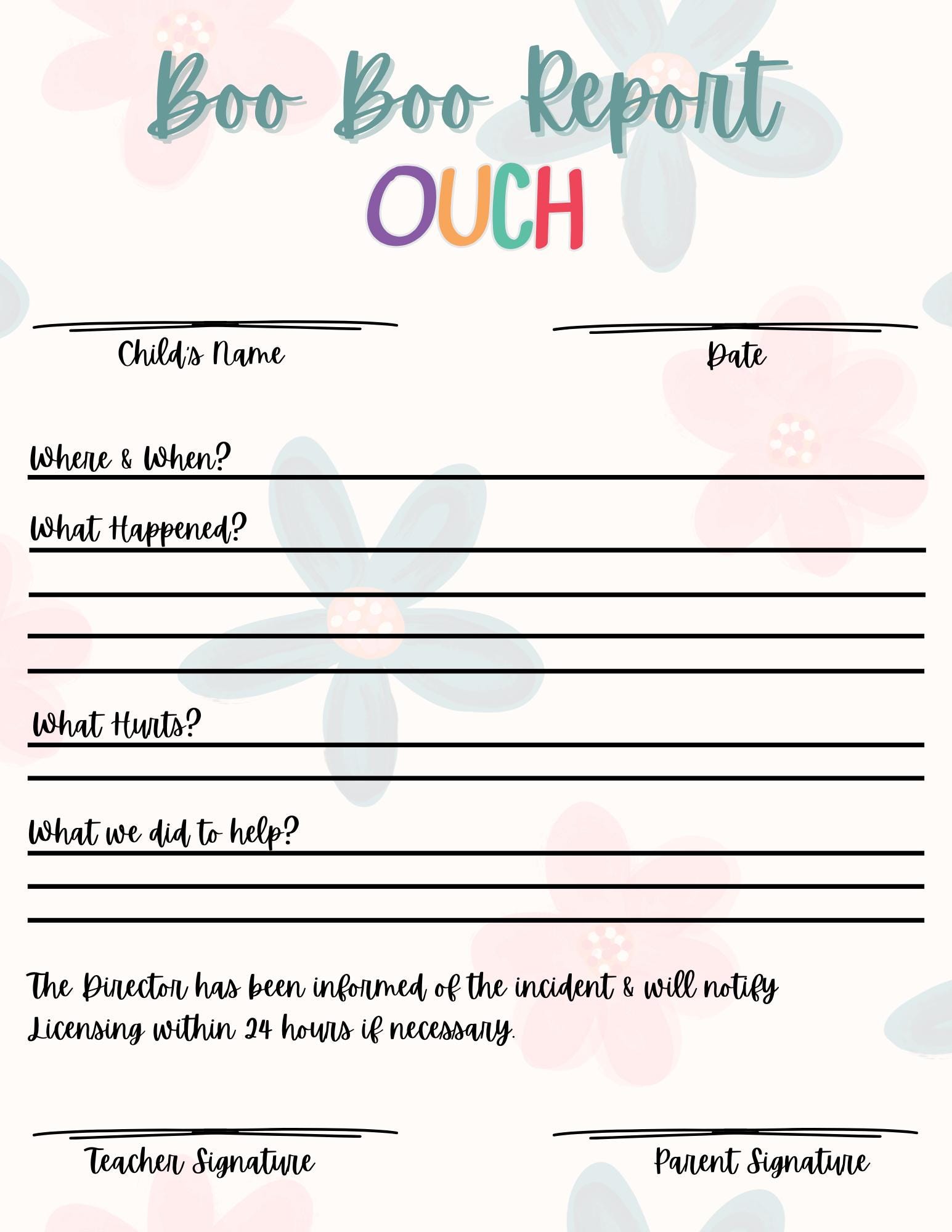 Daycare Boo Boo Form, Childcare Incident Report (digital Download) - Etsy