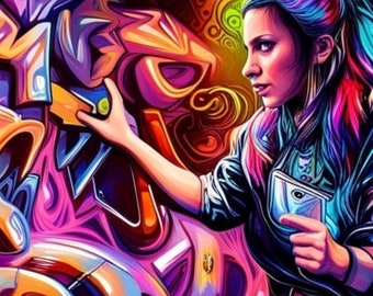Könnte beinhalten: Eine Frau mit leuchtend pinkem und blauem Haar steht vor einer farbenfrohen Graffiti-Wand. Sie trägt eine schwarze Lederjacke und hält ein silbernes Telefon in der Hand. Das Graffiti zeigt abstrakte Formen und Wirbel in den Farben Pink, Lila, Orange und Gelb.