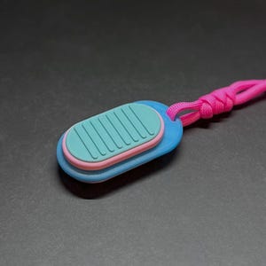 Puede incluir: Un accesorio multicolor en forma de placa de identificación para perros. La placa presenta una base azul claro, una capa intermedia rosa y una capa superior texturizada de color turquesa. Se adjunta un cordón rosa brillante, anudado en la parte superior.