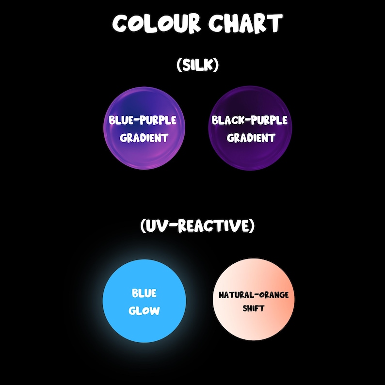 May include: A color chart with the text "COLOUR CHART" at the top. The chart displays color swatches labeled "BLUE-PURPLE GRADIENT" and "BLACK-PURPLE GRADIENT" under "(SILK)". Below, under "(UV-REACTIVE)", are swatches labeled "BLUE GLOW" and "NATURAL-ORANGE SHIFT".