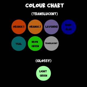 May include: A color chart on a black background, featuring the text "COLOUR CHART" and "(TRANSLUCENT)" at the top. Below are colored circles labeled: Orange 1, Orange 2, Lavender, Dark Blue, Teal, Neon Green, and Translucent. At the bottom, "(GLOSSY)" and a Light Green circle.