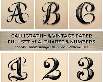 CALLIGRAPHY On Vintage Paper Font Full Set Alphabet & Numbers Clipart PNG Sublimination Commercial Use ClipArt Fancy Wavy Fonts Junk Journal