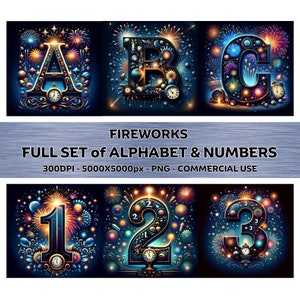 Könnte beinhalten: Digitale Kunst mit den Buchstaben A, B und C sowie den Zahlen 1, 2 und 3. Jedes Zeichen ist mit einem Feuerwerksmotiv gestaltet, das leuchtende Farben und detaillierte Muster verwendet. Der Text lautet "FIREWORKS FULL SET of ALPHABET & NUMBERS".