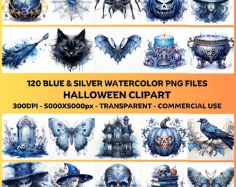 120 Midnight Blue Halloween Clipart PNG Set Blue Watercolor Halloween Clipart Commercial Use Clip Art Halloween PNG Goth theme illustrations