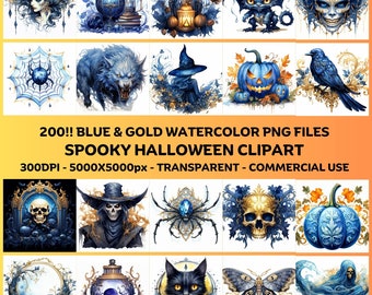 200 Watercolor Midnight Blue Gold Halloween Clipart PNG Set Transparent Background Halloween Clipart Commercial Use PNG Goth Illustrations
