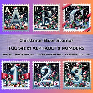May include: A collection of Christmas-themed stamps showing elves decorating letters and numbers. The stamps display the letters A, B, and C, plus the numbers 1, 2, and 3. Each stamp has a unique design with a festive winter scene.